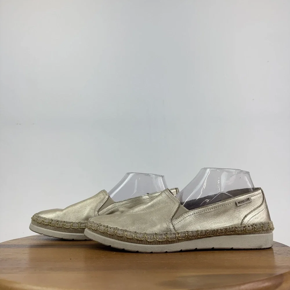 Womens Mephisto Valina Gold Leather‎ Espadrille Slip On Sneakers Size 10 M GUC
